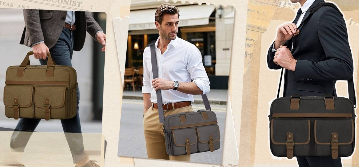 Three canvas and leather messenger bags carried by men on a city street